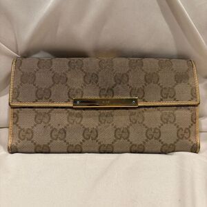 Vintage GUCCI Bifold Long Wallet GG Canvas Leather Light Tan